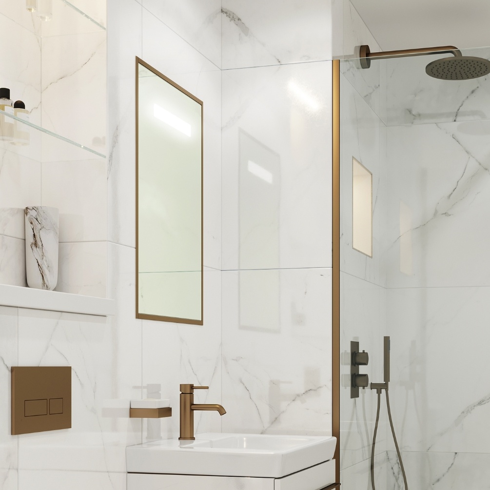 Product Lifestyle image of the Abacus Aluminium Trio Brushed Bronze Recessed LED Mirror Cabinet